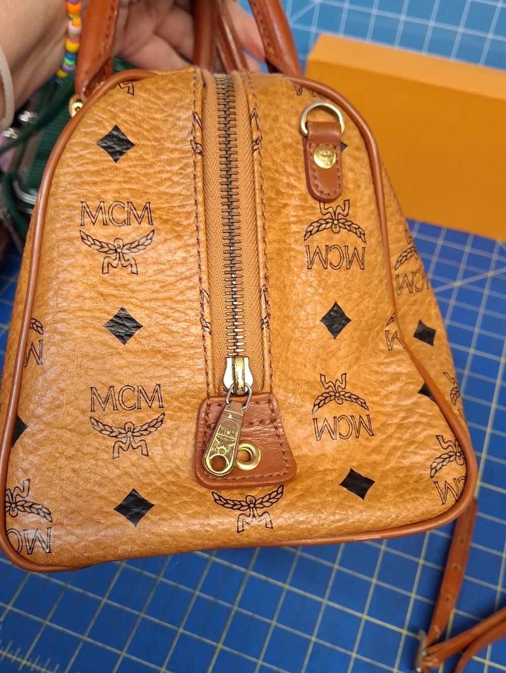 MCM Cognac Visetos Monogram Satchel Gold Hardware Removable Adj Strap Preloved - Picture 9 of 16